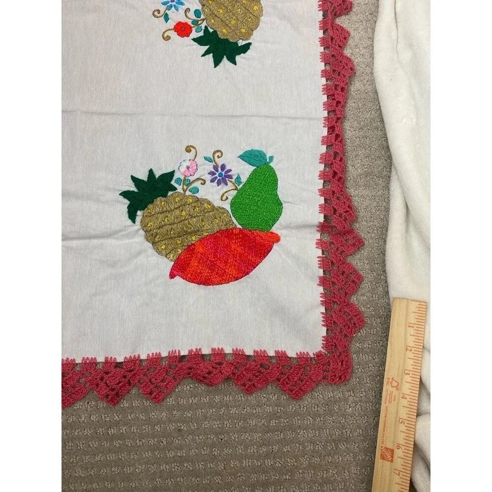 Vintage Mexican Embroidered Fruit Tablecloth with Crochet Lace Trim 26x26